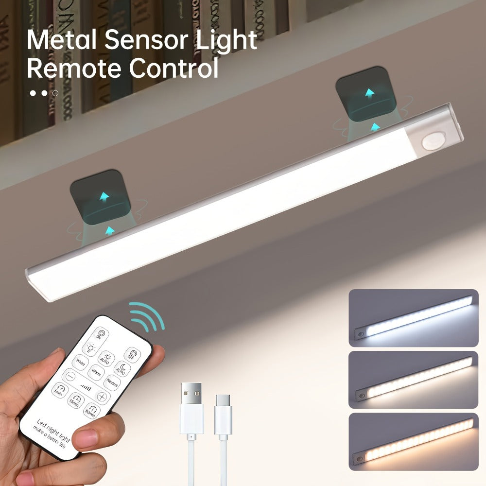 Motion Sensor Cabinet Light LED Under Cabinet Lights USB Rechargeable 3 Color Dimmable with Remote Control Magnetic Wireless Night Light for Kitchen Closet Wardrobe Cupboard Stairs - product image