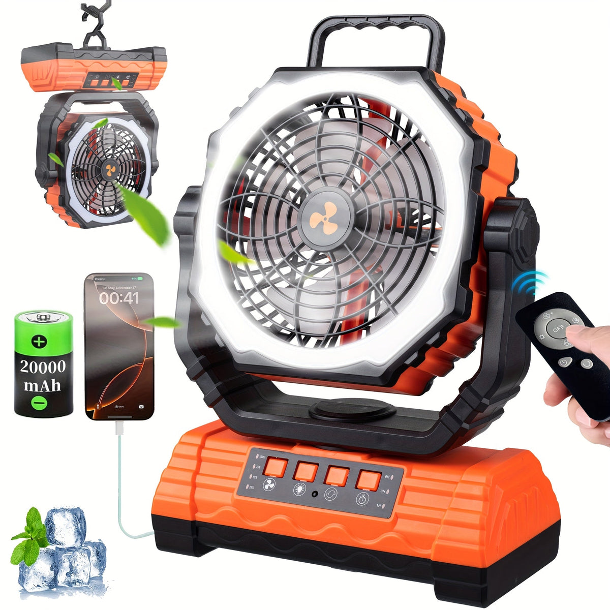 Camping Fan 20000mAh Battery Powered with 4 LED Lantern - Dual Motor 4-Speed Portable Outdoor Fan with Hook & Remote Control | Desktop Fan for Tent, Power Outage & Construction Sit - product image 11