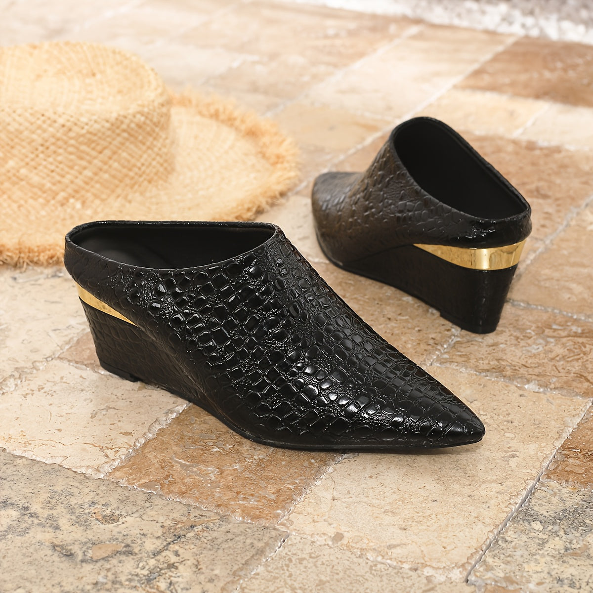 1 Pair Of Wedge , Stone Pattern, Blue And Green Wedge Shoes, Large Size Simple, One Foot Pedal, Pointed Toe Deep Mouth, Four Seasons Shoes, European And American Style, Goddess Shoes, Versatile Large Size Shoes, Wedge , Women'S Shoes