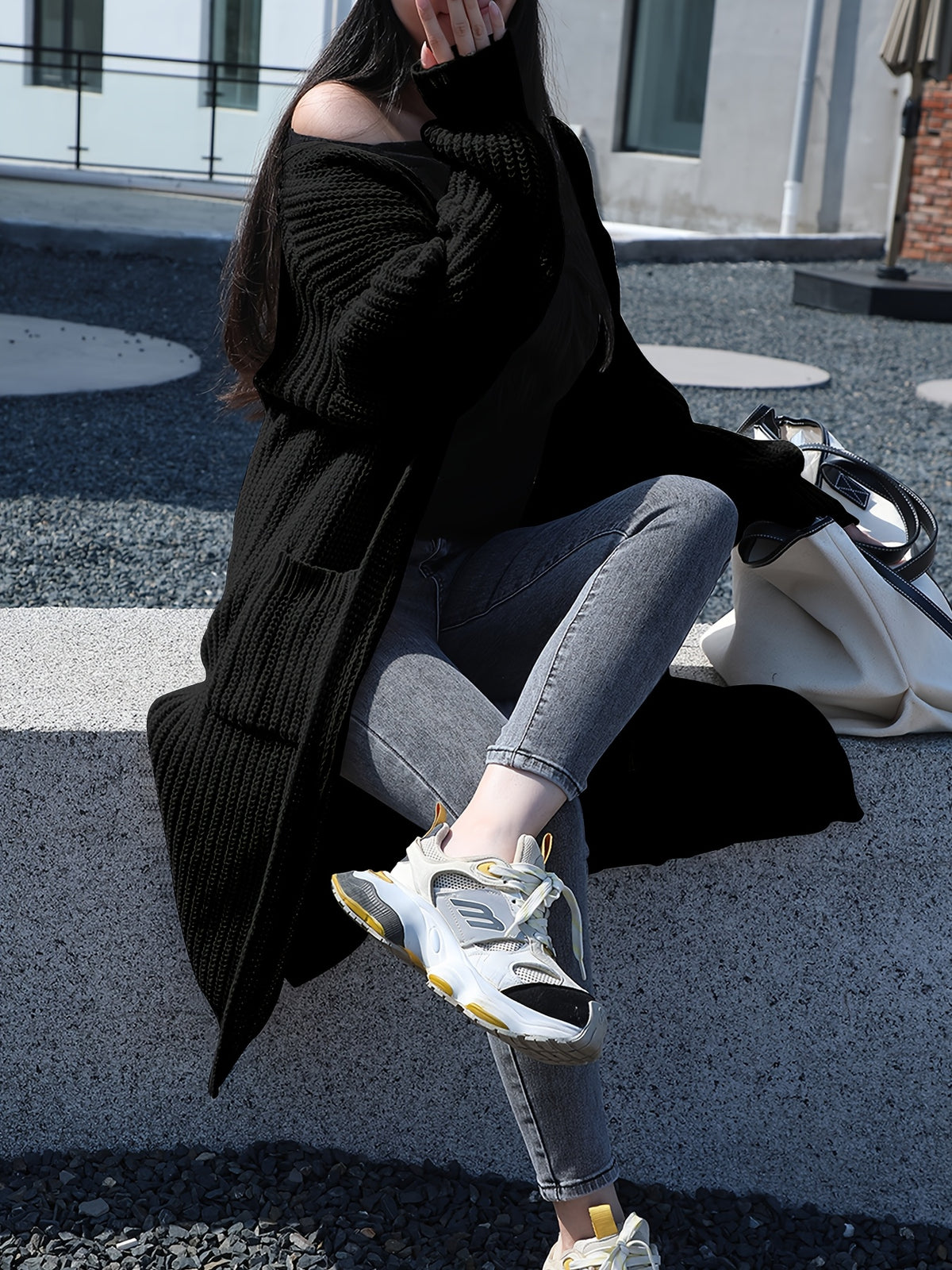 Plus Size, Solid Color Plus-Size Women's Long Pocket Cardigan Loose Over-the-Knee Sweater Coat Fashion Versatile Outerwear - product image 17