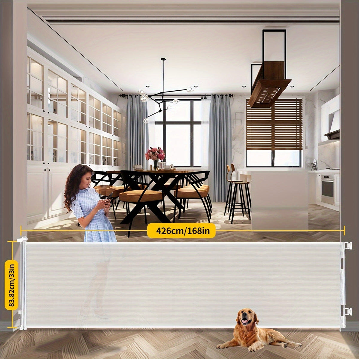Extends 55" to 197" Wide, Child Safety Gate for Doorways Stairs Hallways, Indoor & Outdoor Use, Black / White / Gray, 6 Size Options – Retractable Baby Gate & Mesh Dog Gate