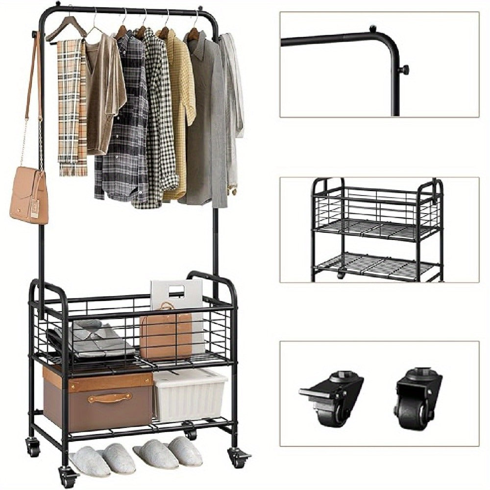Rolling Laundry Basket with Wheels and Hanging Rack, Laundry Sorter Cart with Shelf and Locking Casters, Heavy Duty Steel Frame, Multifunctional Clothes Hamper for Laundry Room Bed - product image 6