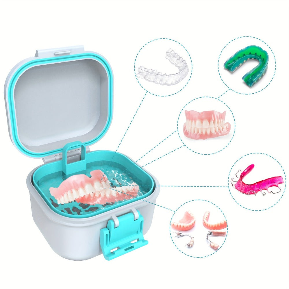 Denture Bath Case Leak-Proof with Drainage Basket Silicone Ring Safety Buckle Portable Travel Denture Cleaner Soaking Cup Storage Container for Home Travel - product image 2