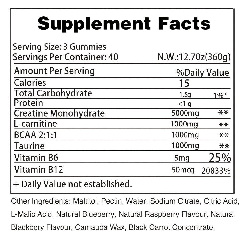 Creatine Monohydrate Gummies 8000mg Blueberry Flavor – with L-Taurine, BCAA, Vitamin B6 & B12 | Pre-Workout Muscle Strength & Endurance Supplement for Men & Women | 120 Count | Yea - product image 9