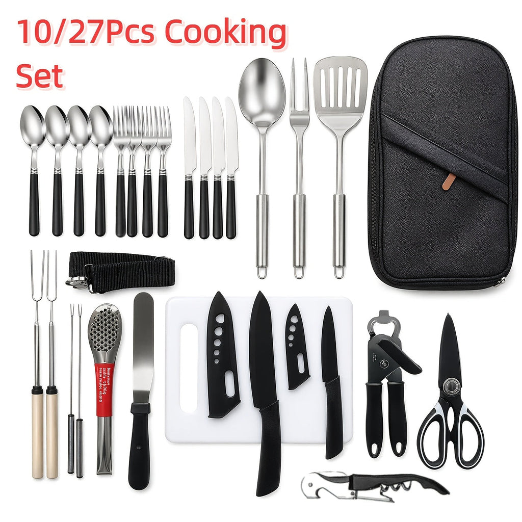 10 & 27 Piece Outdoor Cooking Utensil Kit with Organizer Bag for Camping, BBQ, Picnic, RV, Travel & Backpacking – Camping Cookware Set Stainless Steel - product image