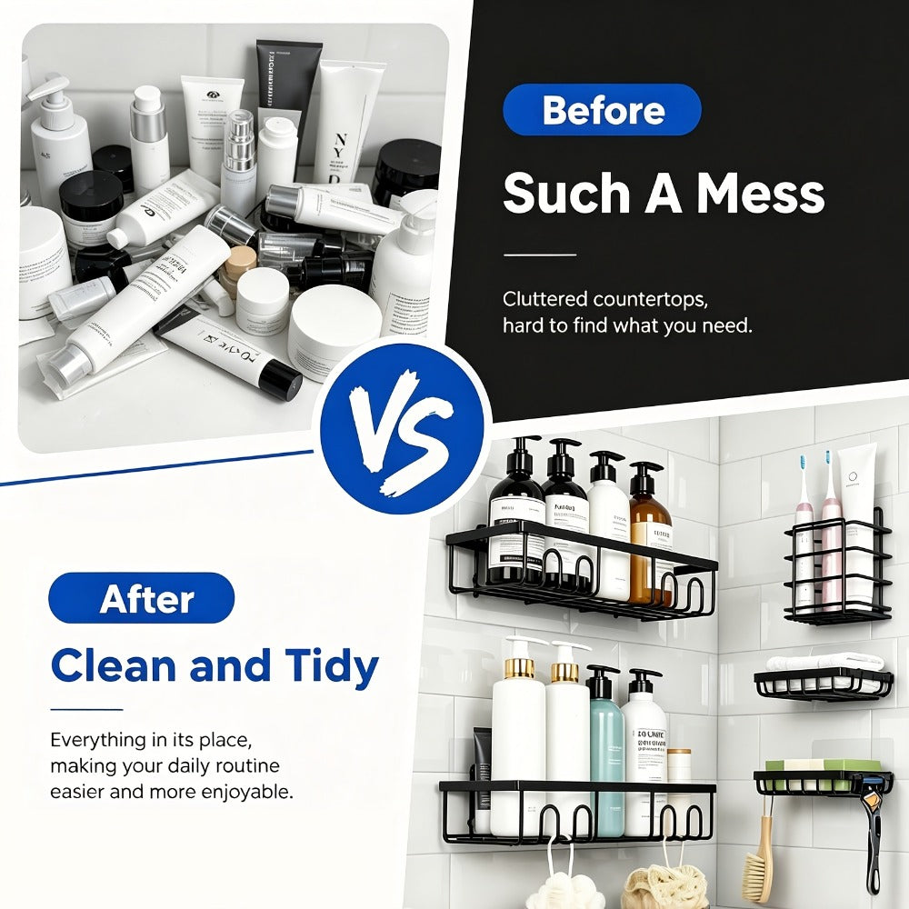 Shower Caddy Organizer Set 6 Piece No Drilling - Adhesive Wall Mounted Bathroom Storage Rack 13 Inch Toilet Paper Holder Soap Dish Toothbrush Holder Shower Shelf | Black | Kitchen  - product image 5