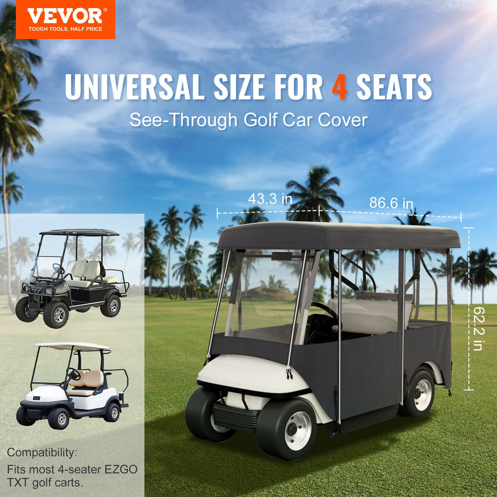 Golf Cart Enclosure 4-Person 300D Waterproof Driving Cover 4-Sided with Transparent PVC Windows Zippered Doors UV-Resistant All-Weather Golf Cart Rain Cover Fits 86 Inch Carts for Everyday Use