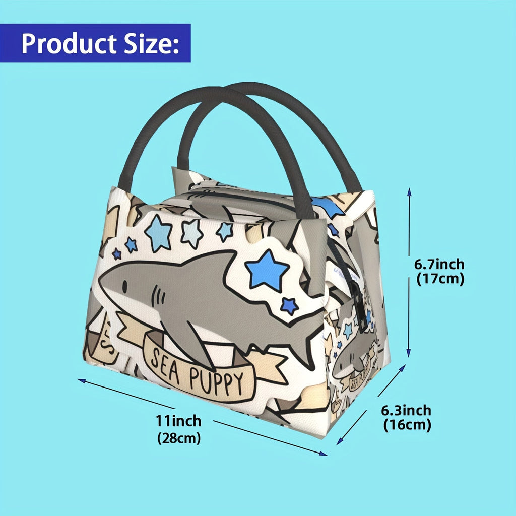Cooler Bag with Grey Shark Pattern | Carry-along Reusable Insulated Lunch Bag for Camping, Picnic, Beach, Office, Home & Outdoor Use, Fun Kids & Adults Novelty Cooler Tote, 11 x 6.3 x 6.7 in