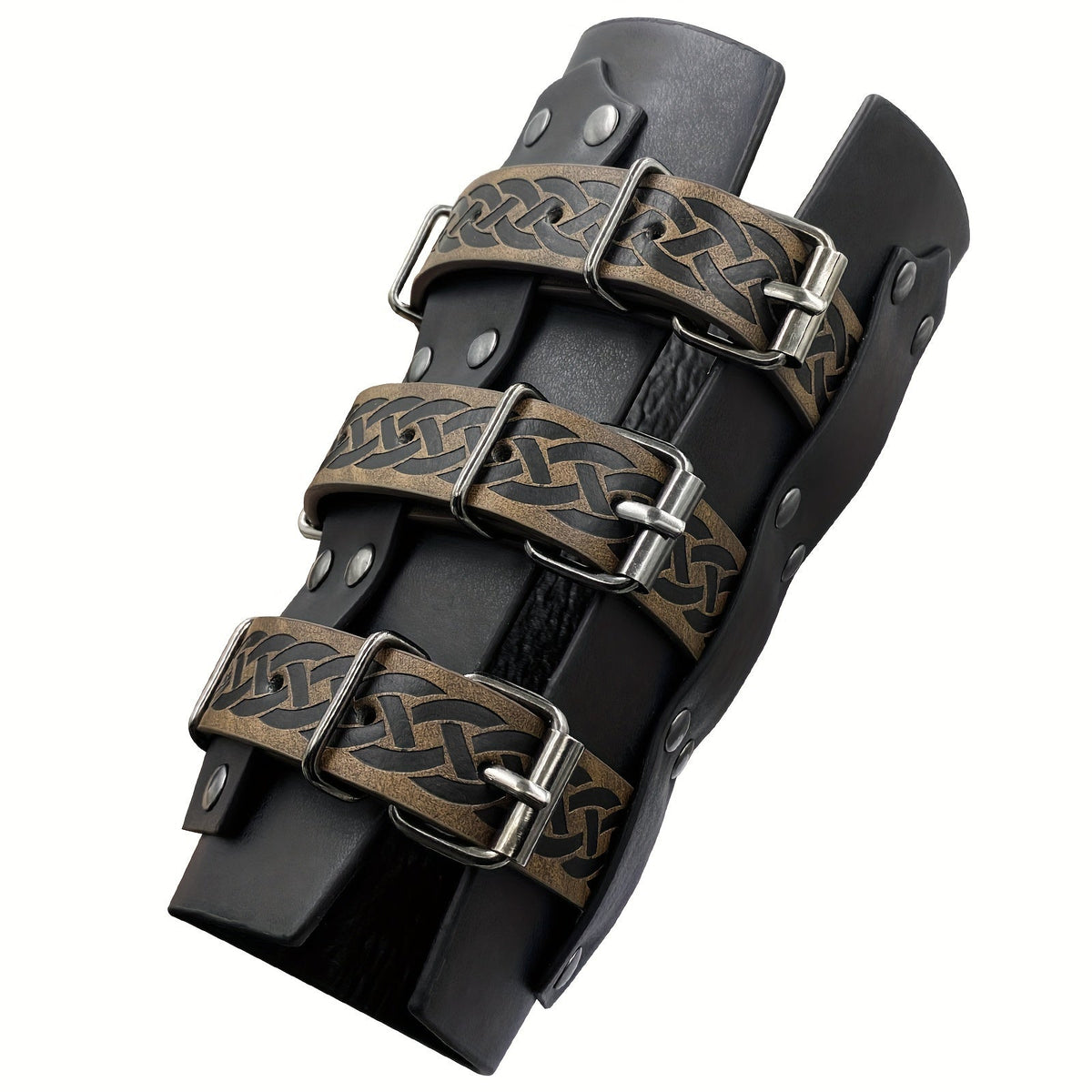 Embossed Renaissance LARP Cosplay Costume Accessory for Halloween, Stage Performance & Photography, Brown & Black, 1pc or 2pcs – Medieval Faux Leather Bracers Viking Arm Guards