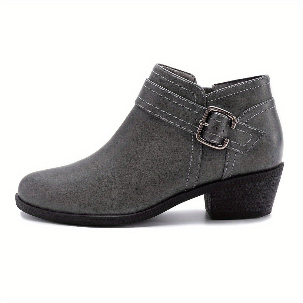 Women's Chunky Low Heel Ankle Boots, Classic Solid Color Buckle Strap & Side Zipper Booties, Women Shoes - product image 4