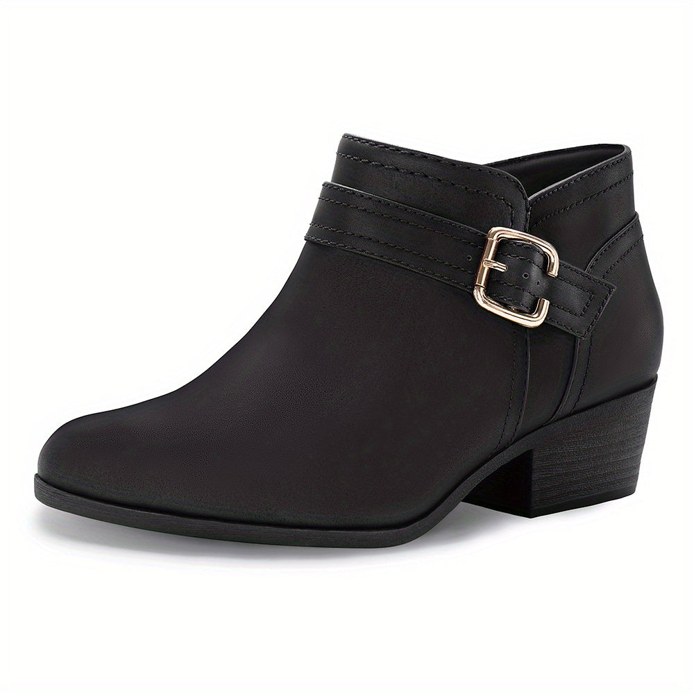 Women's Chunky Low Heel Ankle Boots, Classic Solid Color Buckle Strap & Side Zipper Booties, Women Shoes - product image 3