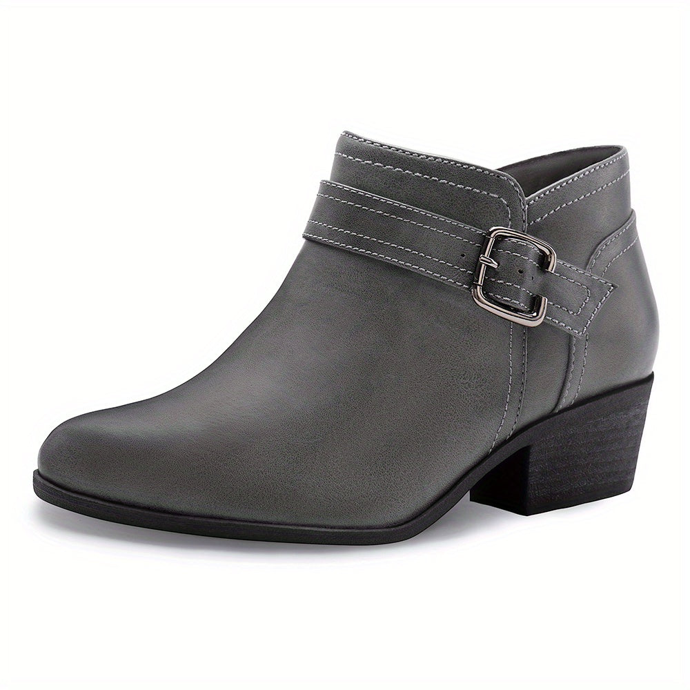 Women's Chunky Low Heel Ankle Boots, Classic Solid Color Buckle Strap & Side Zipper Booties, Women Shoes - product image 2