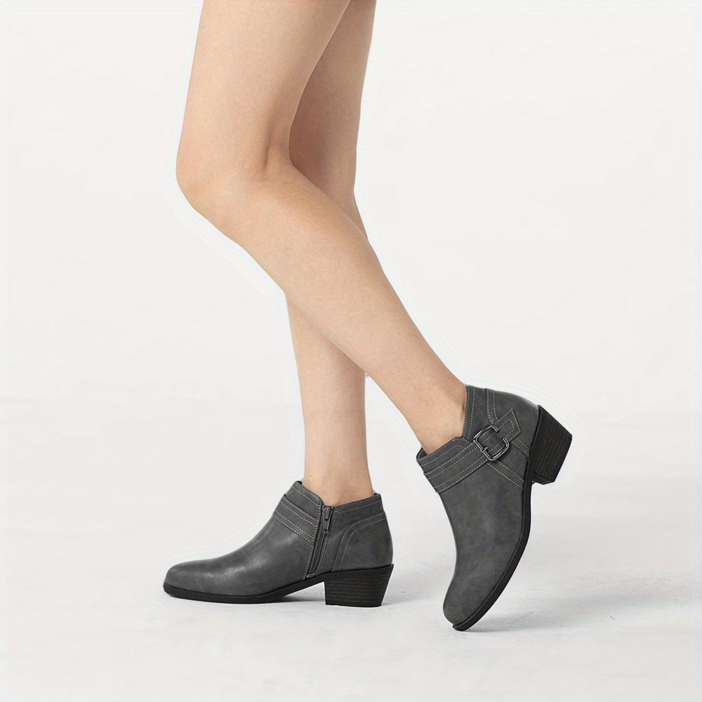 Women's Chunky Low Heel Ankle Boots, Classic Solid Color Buckle Strap & Side Zipper Booties, Women Shoes - product image 12