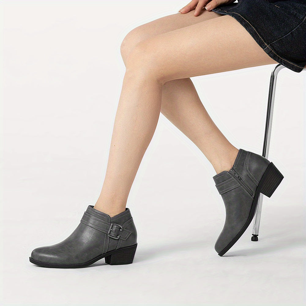 Women's Chunky Low Heel Ankle Boots, Classic Solid Color Buckle Strap & Side Zipper Booties, Women Shoes - product image 11