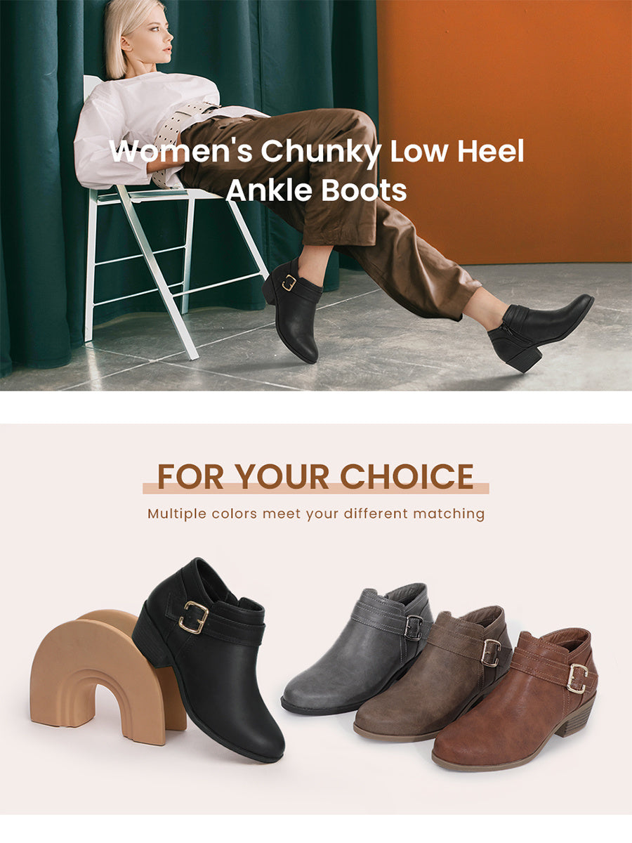 Women's Chunky Low Heel Ankle Boots, Classic Solid Color Buckle Strap & Side Zipper Booties, Women Shoes - product image 14