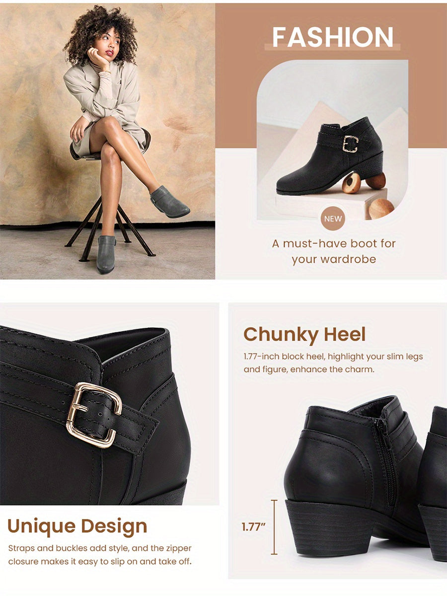 Women's Chunky Low Heel Ankle Boots, Classic Solid Color Buckle Strap & Side Zipper Booties, Women Shoes - product image 15
