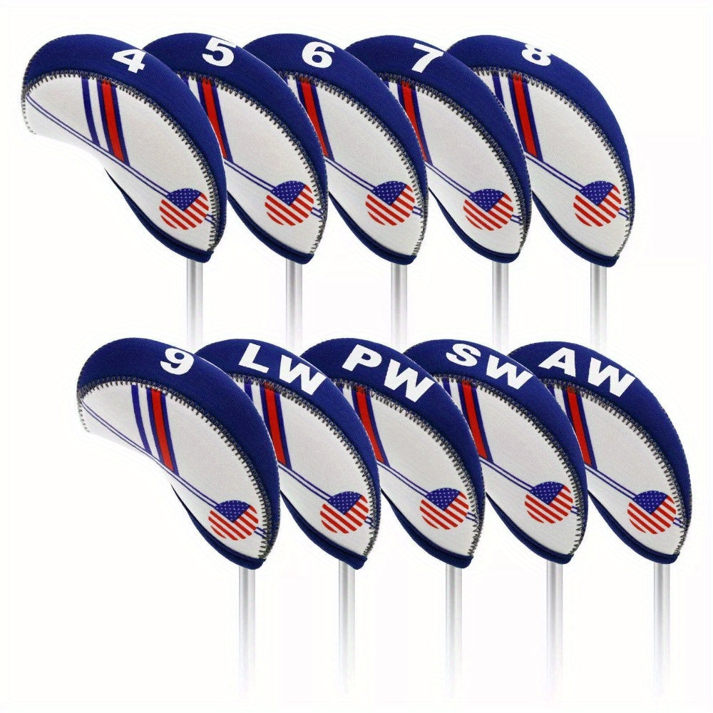 Golf Iron Club Covers USA Flag Neoprene Zipper Head Covers Machine Washable Fits Standard Irons Blue White Patriotic Design for Men Women Golfers for Everyday - product image 2