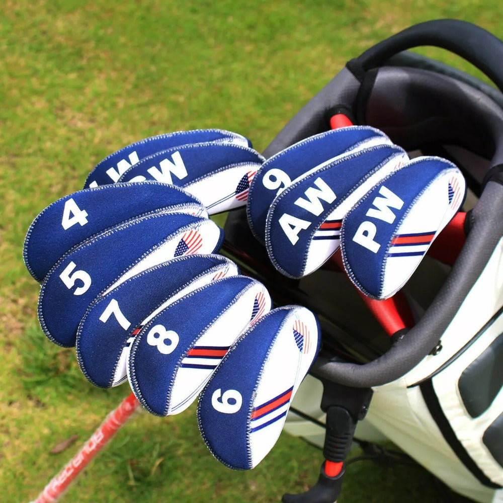 Golf Iron Club Covers USA Flag Neoprene Zipper Head Covers Machine Washable Fits Standard Irons Blue White Patriotic Design for Men Women Golfers for Everyday - product image