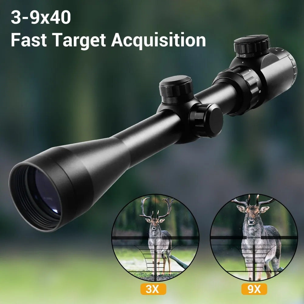 Four-Hole Picatinny Mount Adjustable Tactical Optical Scope for Hunting Shooting Outdoor Use | Waterproof Riflescope 3-9x40 with Red Green Illuminated Reticle - product image 2
