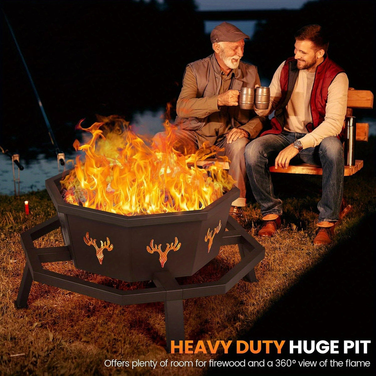 Outdoor Fire Pit 35 Inch Octagonal Wood Burning Fire Pit with Spark Screen, Poker & Grate for Backyard Patio Camping Bonfire - product image 3