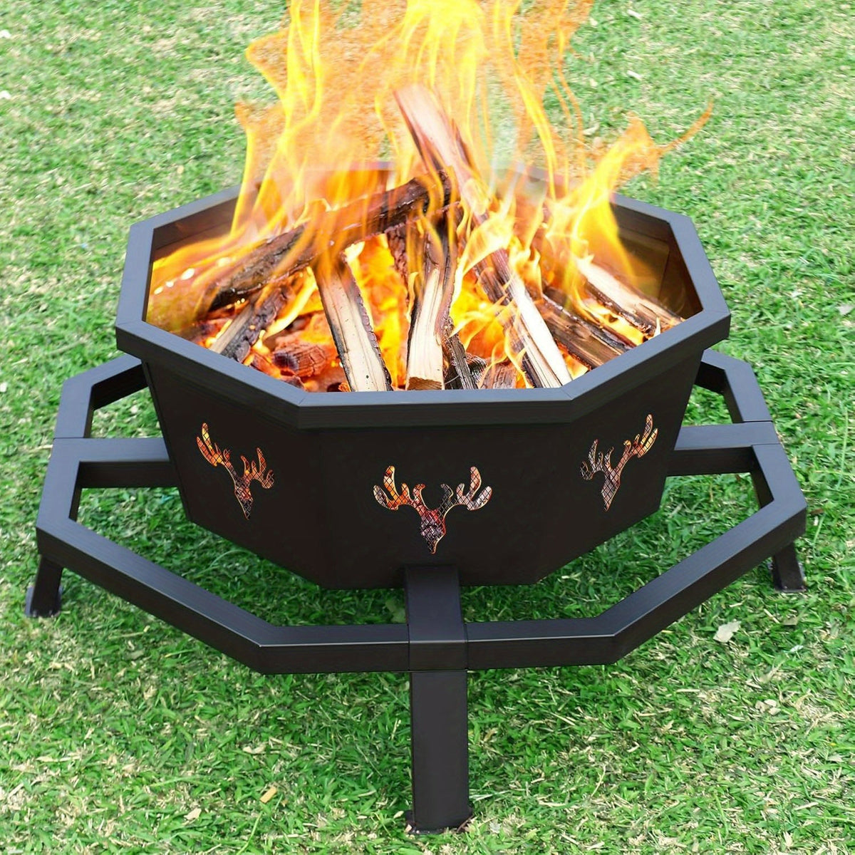 Outdoor Fire Pit 35 Inch Octagonal Wood Burning Fire Pit with Spark Screen, Poker & Grate for Backyard Patio Camping Bonfire - product image