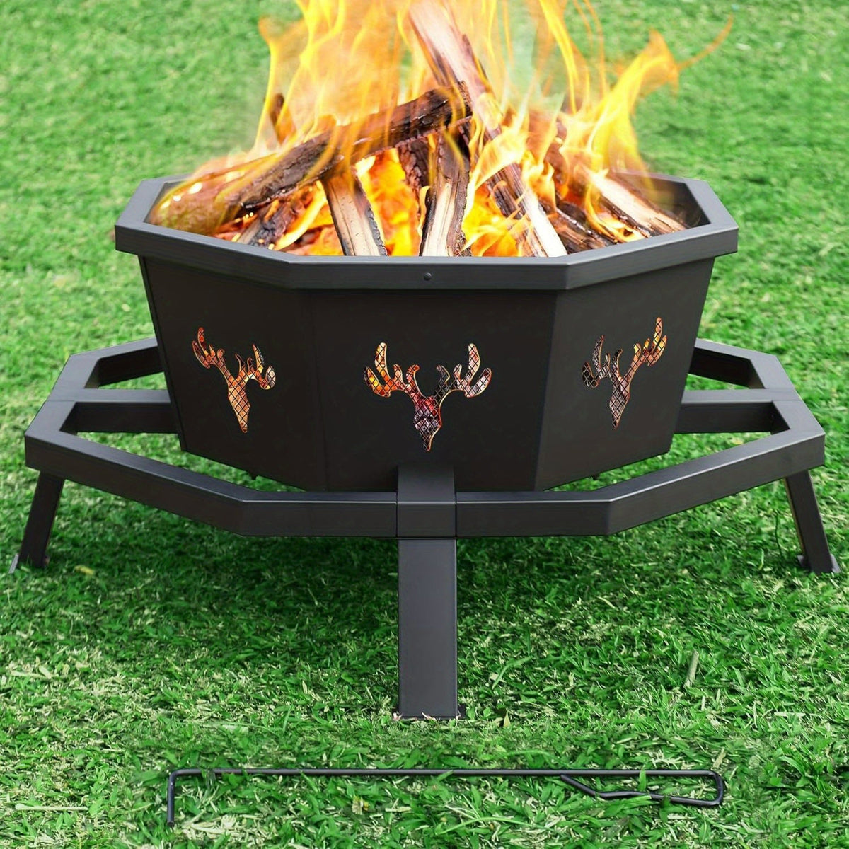 Outdoor Fire Pit 35 Inch Octagonal Wood Burning Fire Pit with Spark Screen, Poker & Grate for Backyard Patio Camping Bonfire - product image 4