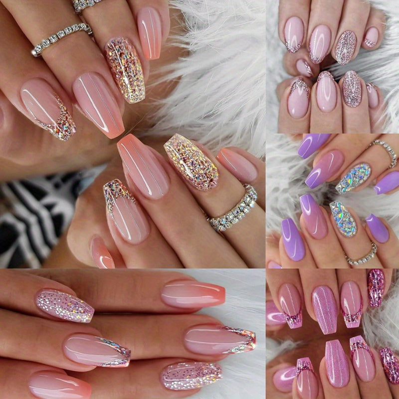 Glitter Sequin Press On Nails 120pcs Coffin Medium Length 5 Packs – Sparkling Pinkish Purple Glossy Full Cover False Nails | Glamorous Nail Art Kit for Women | Party Wedding Bridal - product image 12