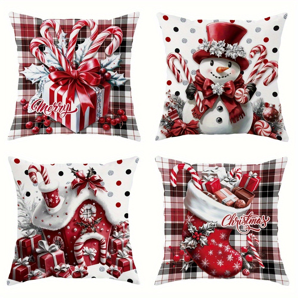 Christmas Throw Pillow Covers 4pcs Set - Snowman Candy Cane Buffalo Plaid Polyester 18x18in Decorative Cushion Covers with Zipper for Holiday Winter Living Room Bedroom Sofa Bed De - product image 9