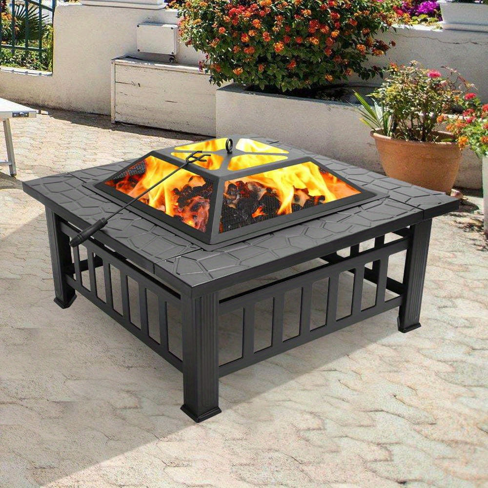 Square Fire Pit Table 32 Inch Metal Wood Burning Outdoor Fire Pit with Mesh Lid, Poker & Tabletop for Backyard Patio Garden Gatherings - product image 4