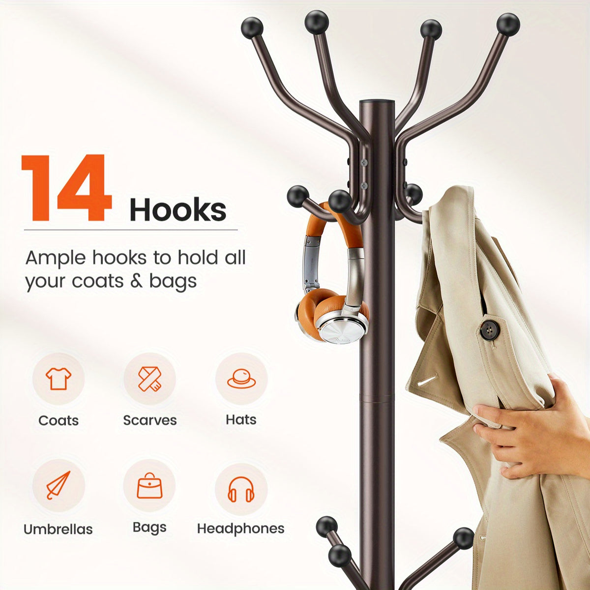 14-Hook Metal Hat Racks--Freestanding Coat Rack with a Total Weight Capacity of 11 Pounds, Suitable for Hallways, Bedrooms and Offices, Sturdy Rack for Hats - product image 12