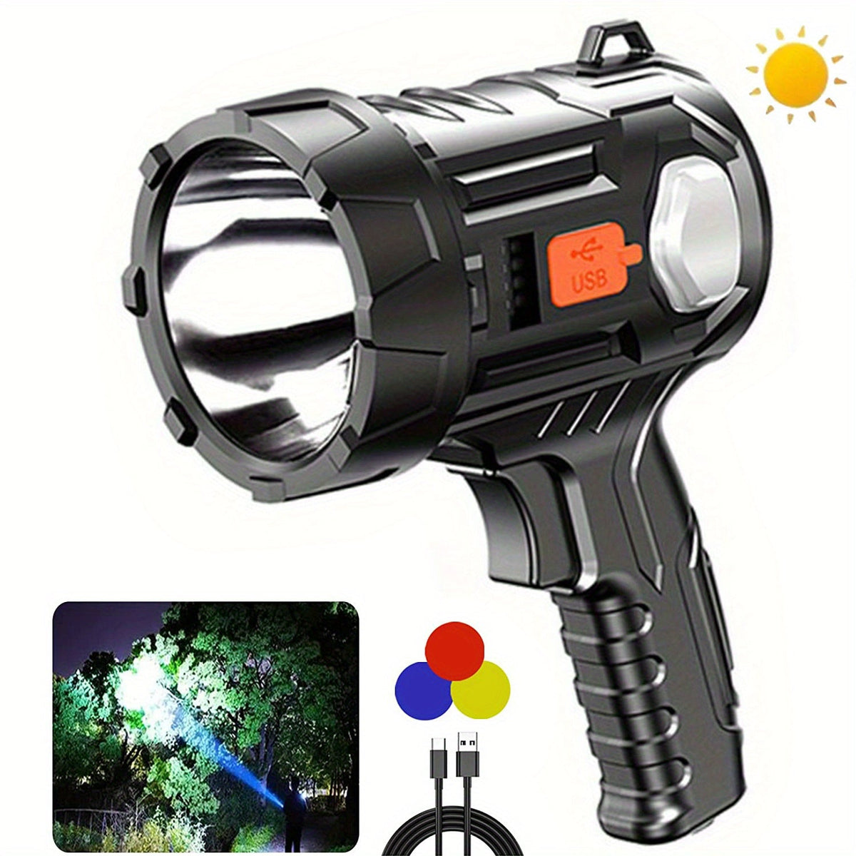 Travel-friendly LED Flashlight 2000 Lumen Solar Rechargeable Power Bank USB-C for Camping Hiking Outdoor Emergency