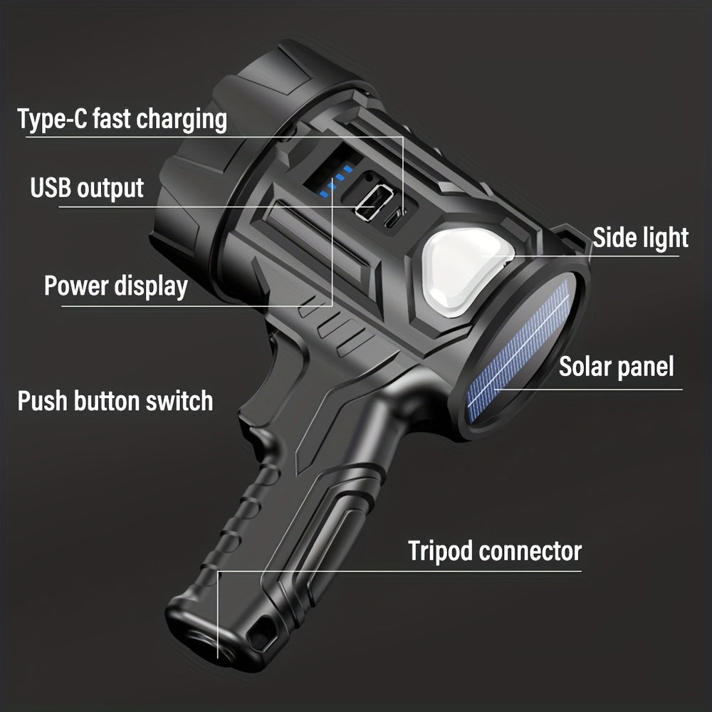 Travel-friendly LED Flashlight 2000 Lumen Solar Rechargeable Power Bank USB-C for Camping Hiking Outdoor Emergency
