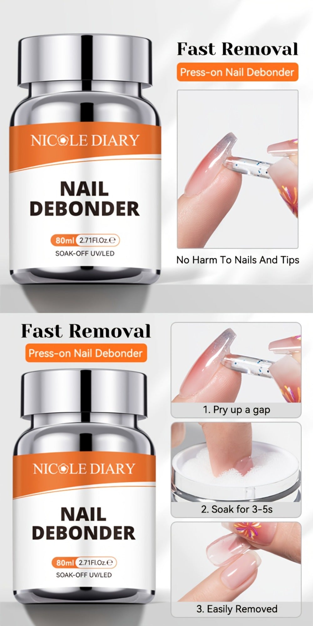 Press On Nail Debonder Remover 80ml — Fast 3-5 Second Soak-Off Liquid for False Tips, Rhinestone Glue Remover, No Damage Easy Dissolve, Professional Nail Care Tool for Women Home S - product image 8