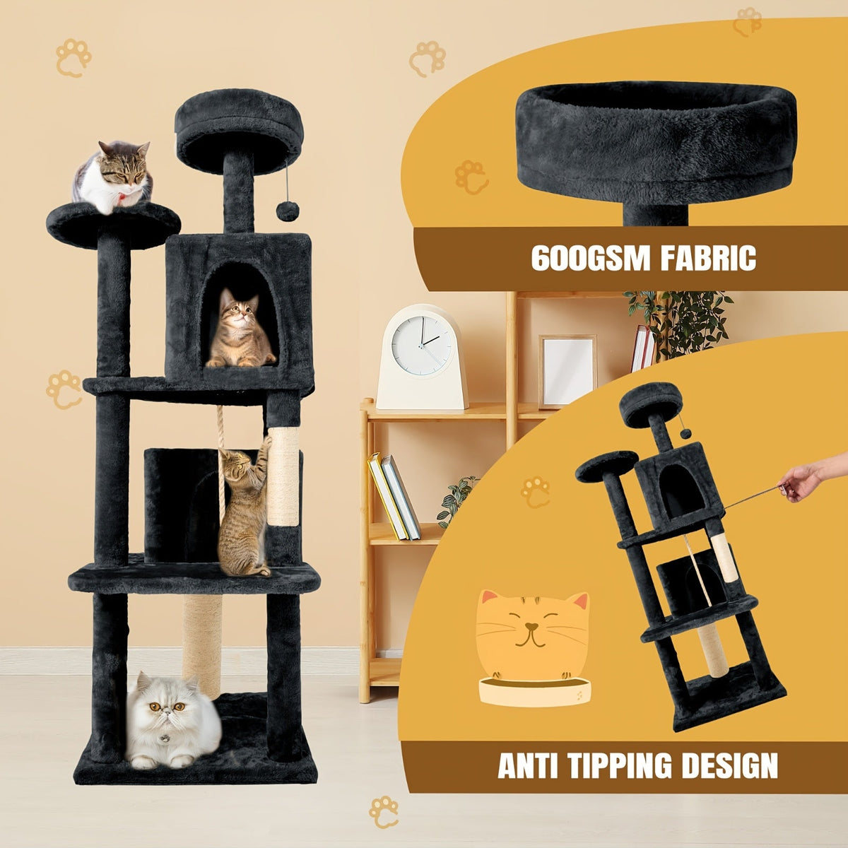 Cat Tree Tower 59 Inch Large Multi-Level Cat Tower for Indoor Cats with Plush Resting Area, Sisal Scratching Post & Hanging Ball Toy | Tall Cat Furniture for - product image 3