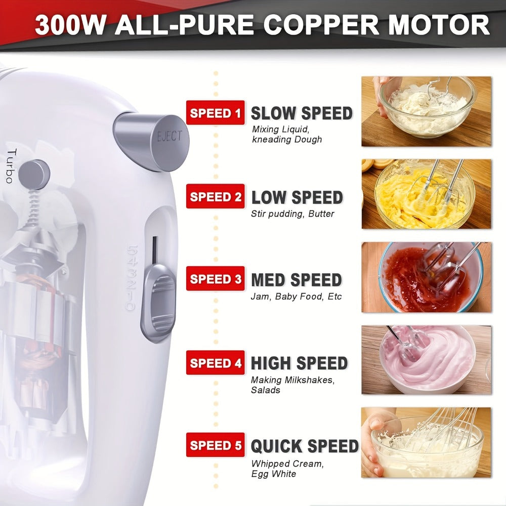 Hand Mixer Electric 300W with Stainless Steel Attachments & Storage Case - 5-Speed Control for Baking Cakes, Eggs & Whipping Cream, Compact Kitchen Handheld Mixer for Home Use - product image 7