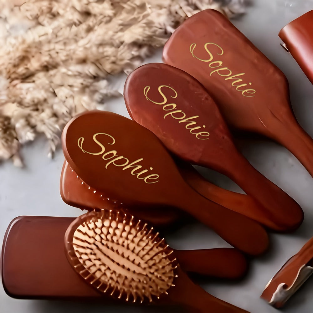 Personalized Engraved Wooden Hair Brush Custom Name - Handmade Bridesmaid Wedding Gift Mother's Day Teacher's Day Valentine's Day Gift for Women Round Square - product image 2