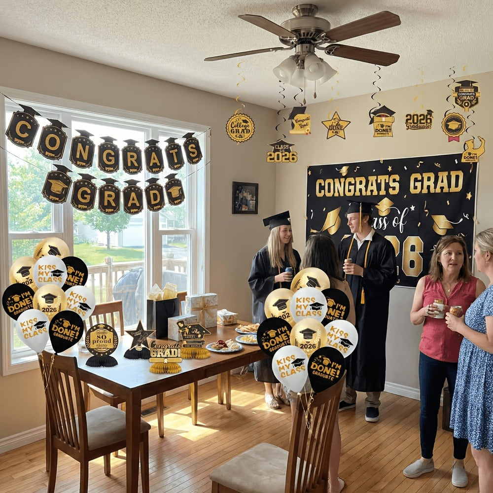 Complete Set with Backdrop Banner Hanging Swirls Balloons & Honeycomb Supplies, 6 Color Options Purple Maroon Blue Red Green Gold | Class of 2026 Graduation - product image 6