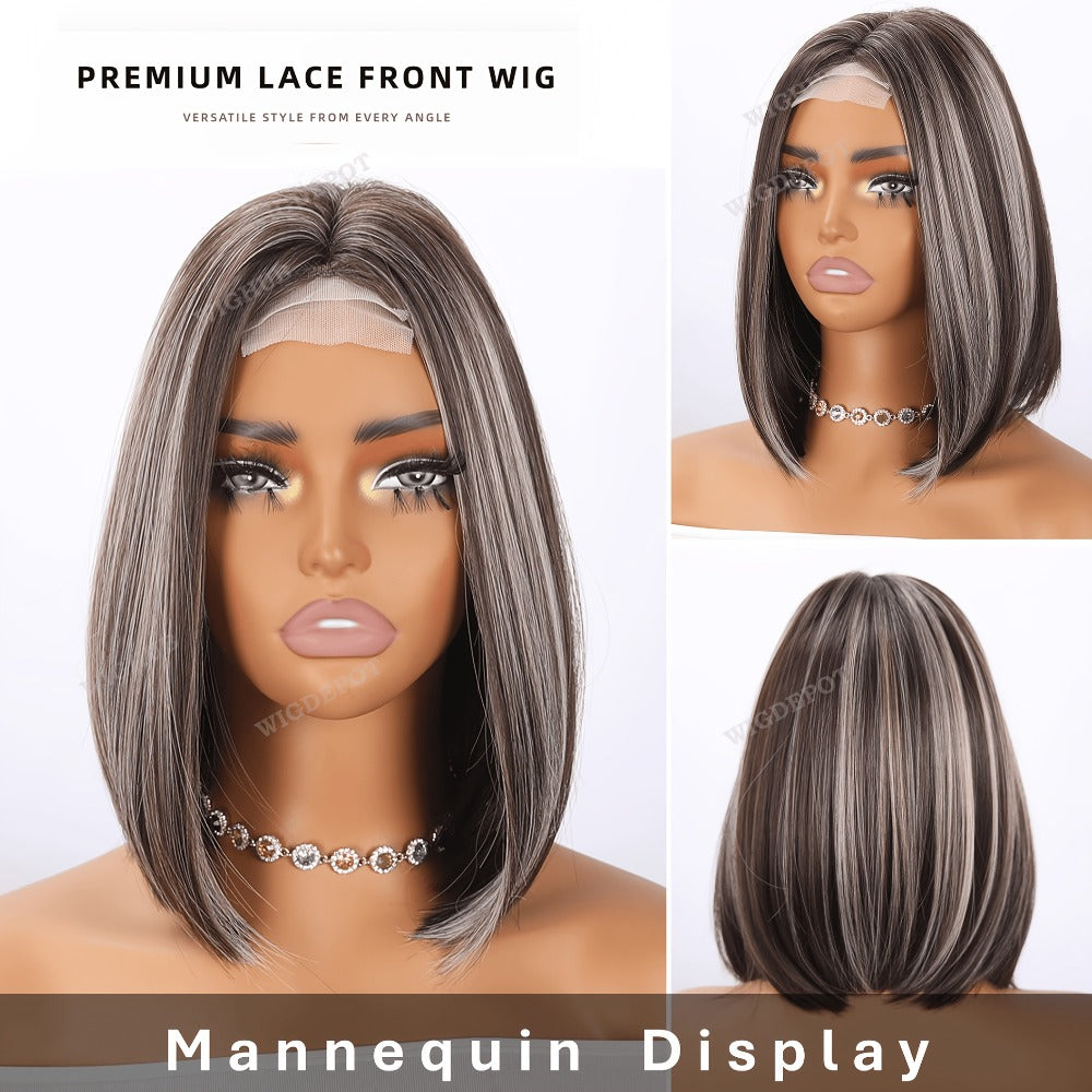 U Part Lace Front Bob Wig 4x1 Glueless Rose Net Cap Middle Part Natural Hairline Synthetic Wig for Women 14 Inch Brown Highlights Milky White Black Pink - product image 2