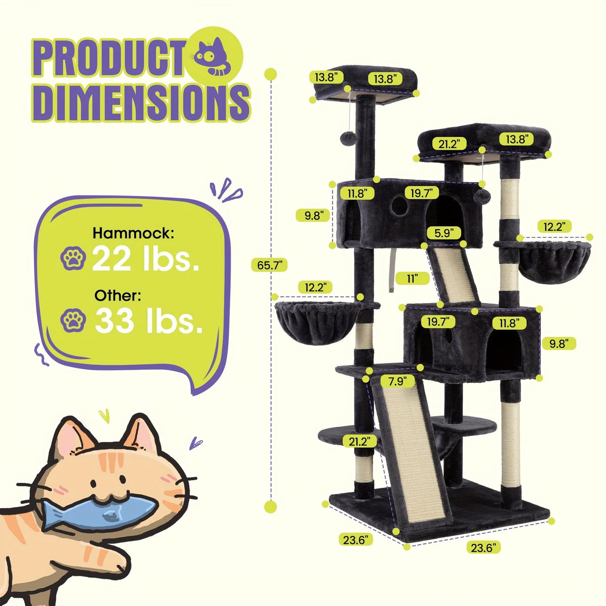 Cat Furniture with Sisal Scratching Posts, Plush Perches, Hammock, Basket & Corner Condo Cave, Hanging Toys & Climbing Ramp, Multiple Sizes & Colors | Cat Tree - product image 11