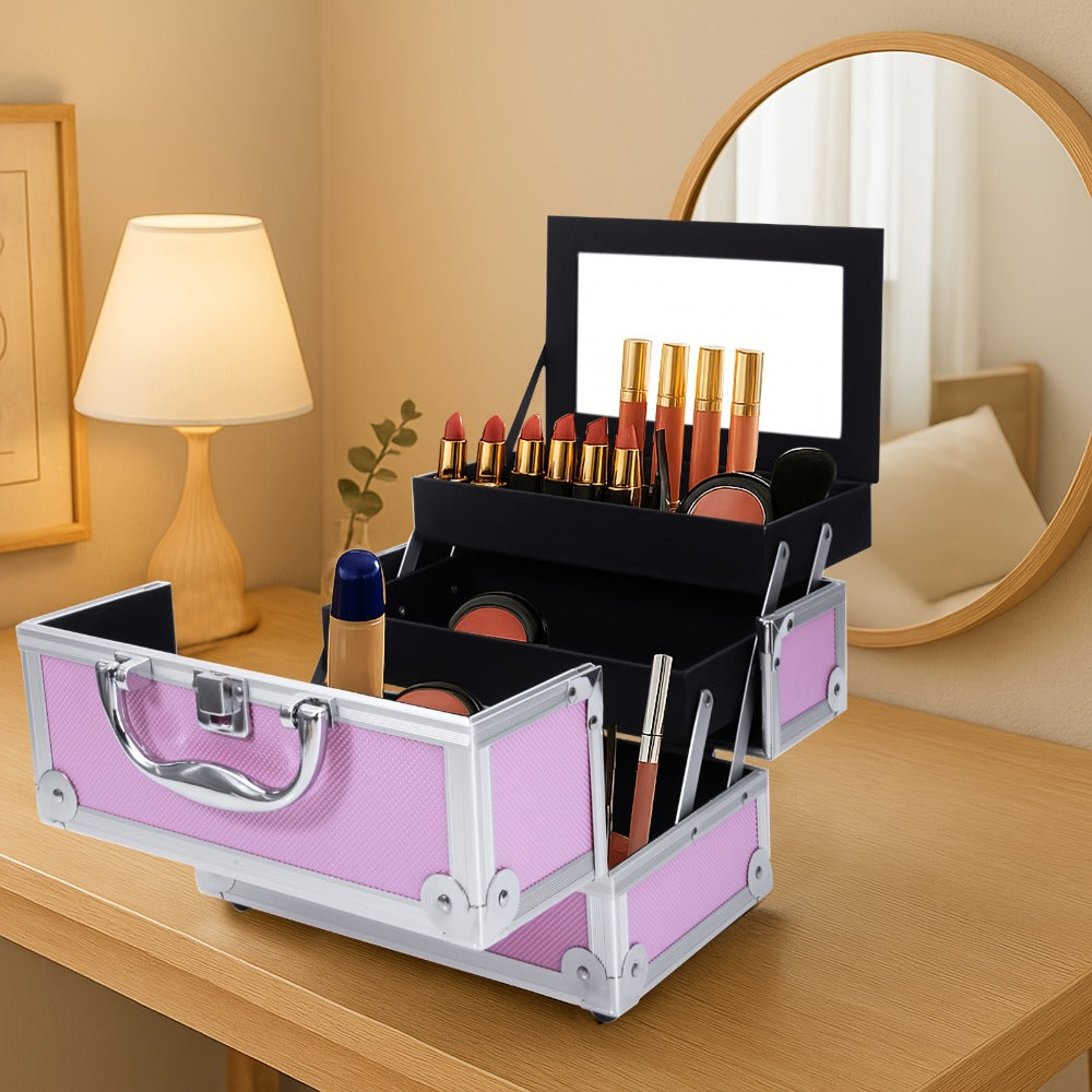 Rolling Makeup Case Aluminum 4-in-1 Extra Large Professional Cosmetic Trolley with 360° Swivel Wheels for Makeup Artist Tattoo Artist Salon Travel Black Pink Silver - product image 9