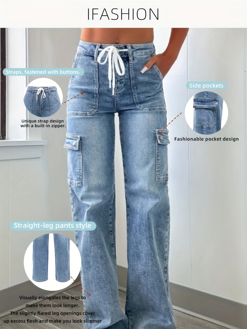 New Style Women's Leisure Straight-Leg Jeans with Laces and Multiple Pockets, Casual Fashion Denim Fabric Sweatpants Jeans Fit Women's Clothing - product image 11