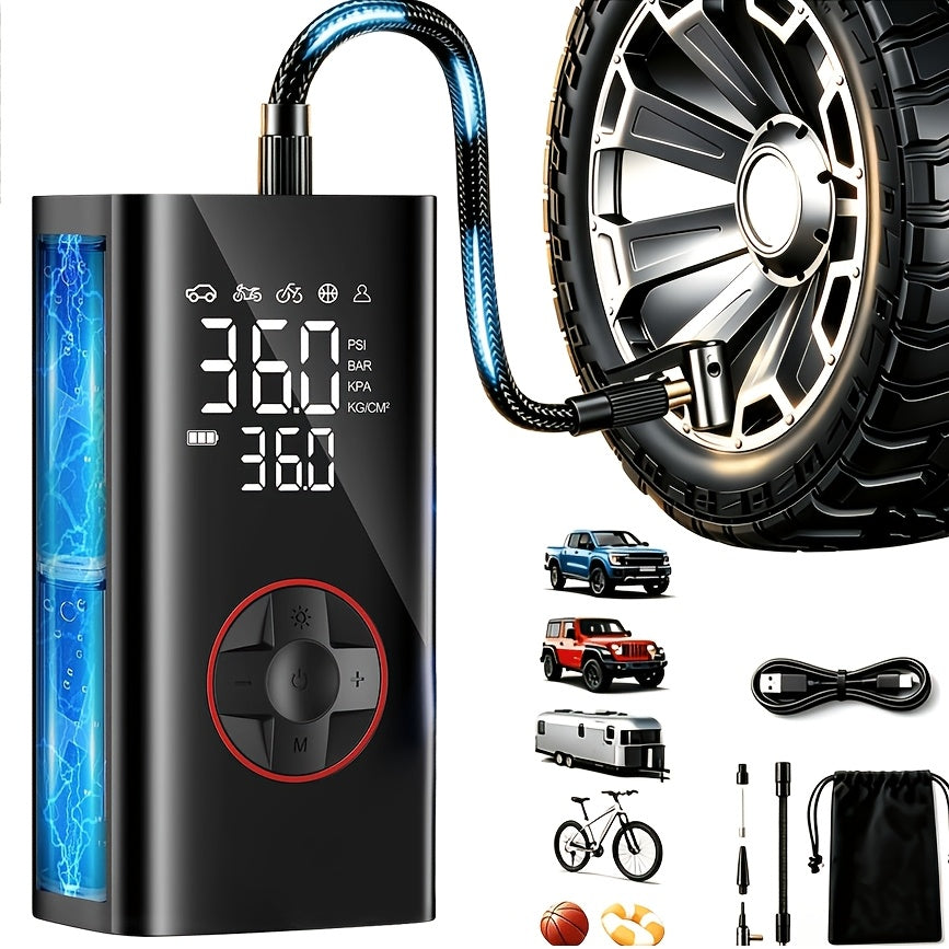 Portable Tire Inflator Air Compressor, Cordless Electric Bike Pump, Portable Tire Inflator with LCD Pressure Gauge and LED Light, Ideal for Cars, Bicycles - product image