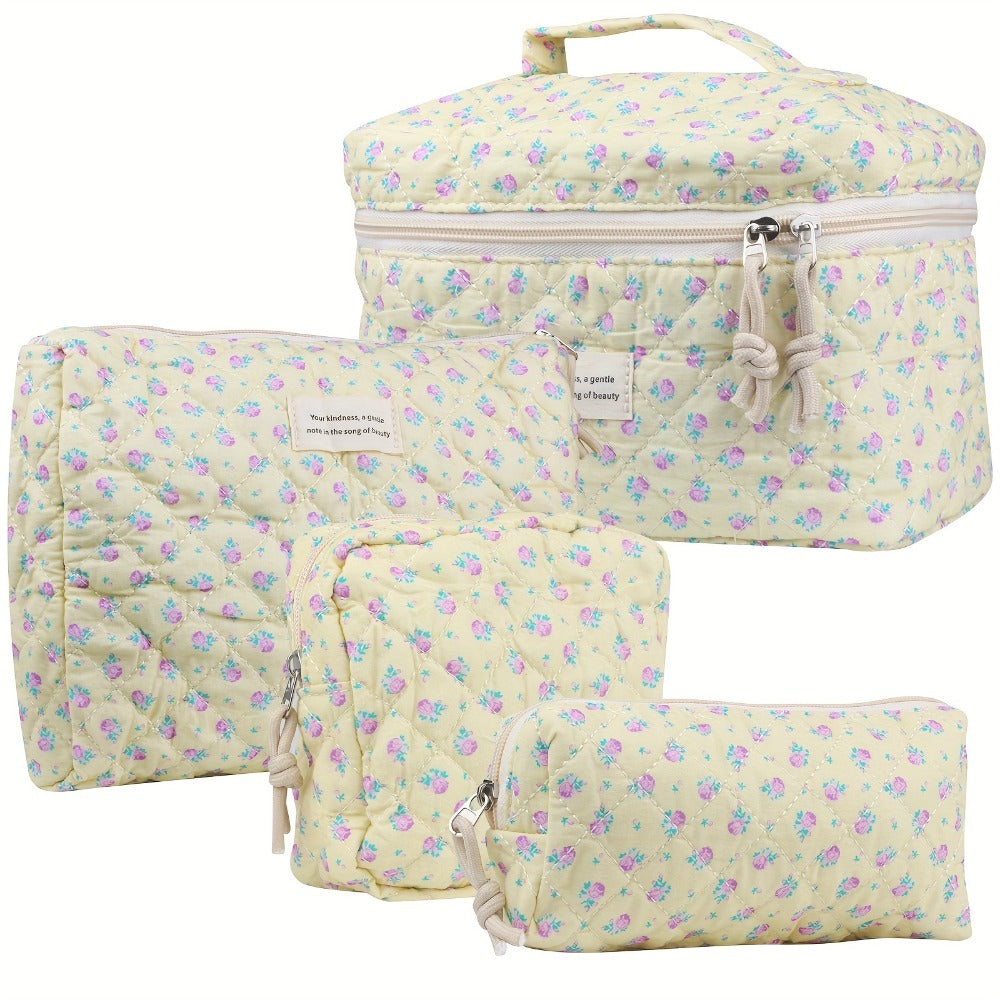 Quilted Makeup Bag Set 4-Piece Floral Rose Coquette Aesthetic Premium Cotton Cosmetic Organizer Travel Toiletry Pouch 4 Sizes for Women Girls Vanity Bathroom Gift - product image 11