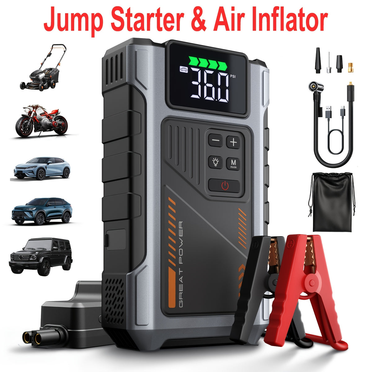 9-in-1 Portable Jump Starter with Air Compressor, 12V Car Battery Jump Starter, Portable Car Battery Charger, Fits 2.11gal Gas/ 1.72gal Diesel Fast Car - product image 5