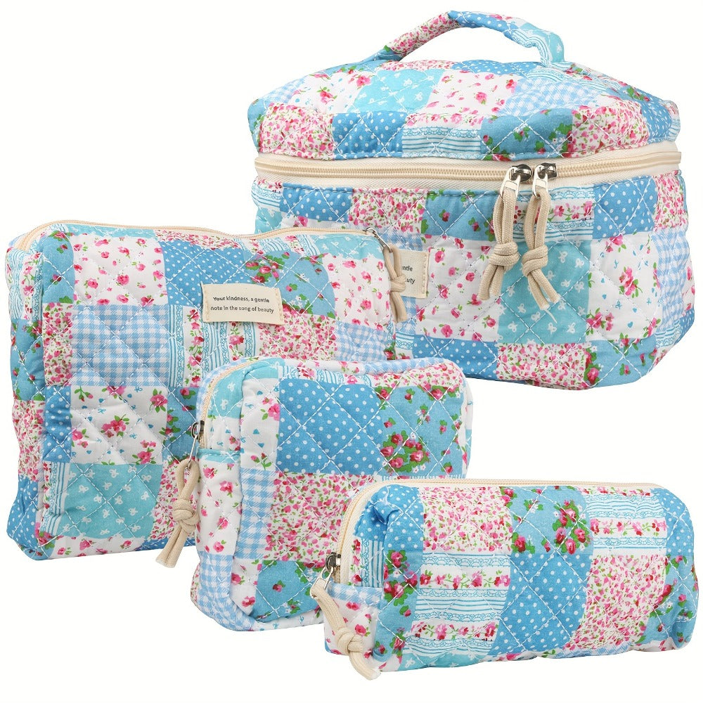 Quilted Makeup Bag Set 4-Piece Floral Rose Coquette Aesthetic Premium Cotton Cosmetic Organizer Travel Toiletry Pouch 4 Sizes for Women Girls Vanity Bathroom Gift - product image 5