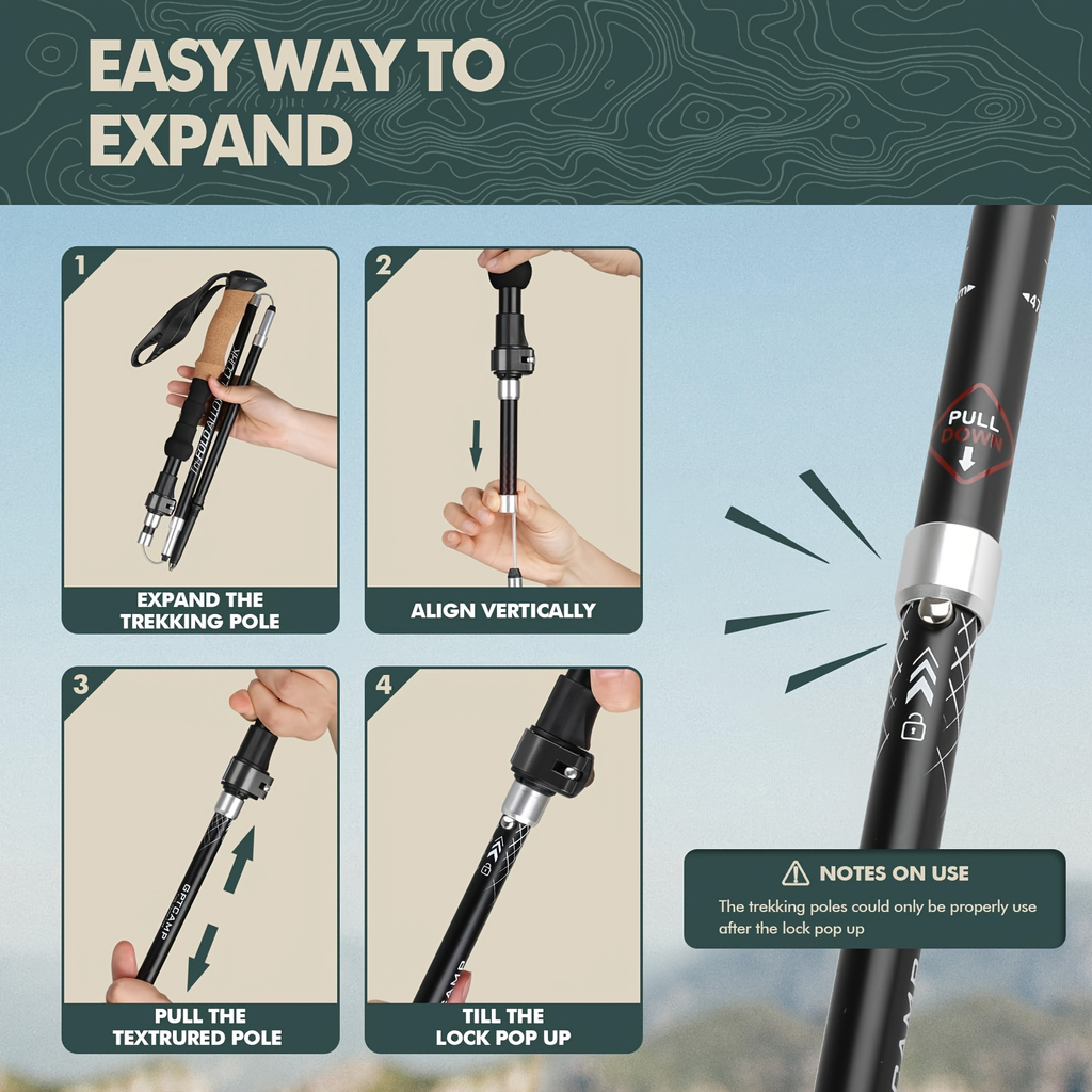 Folding Hiking Sticks with Cork Ergonomic Grip, Sweat-Absorbing Handle, Adjustable Walking Poles for Hiking, Camping & Mountain Travel | Lightweight Aluminum - product image 9