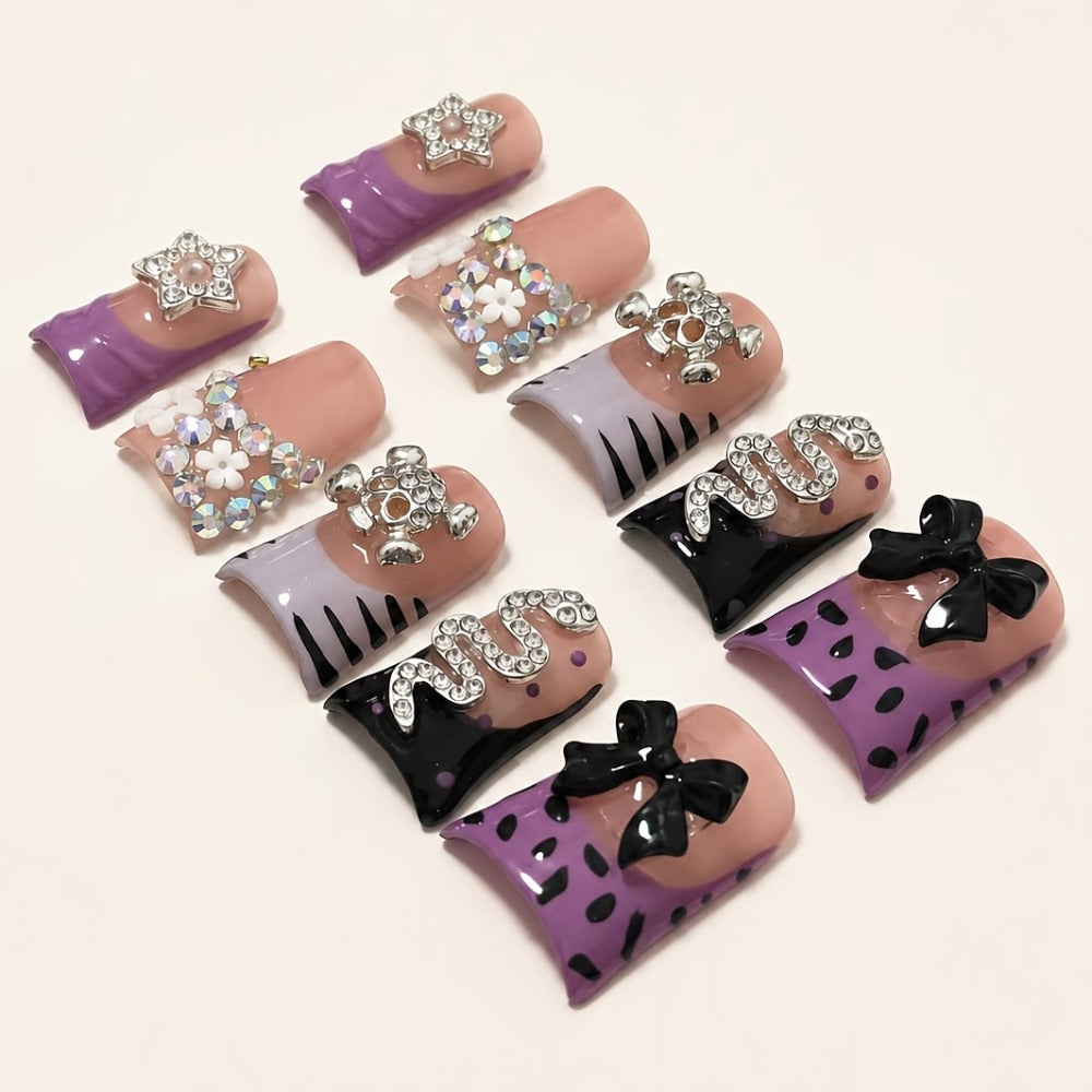 Leopard Skull Press On Nails Short Duckbill 10pcs – Handmade Rhinestone Zebra Bowknot Snake Acrylic Nail Kit with Tools | Edgy Party Daily Wear Nail Art for Women S M L 2026 Trends - product image 4
