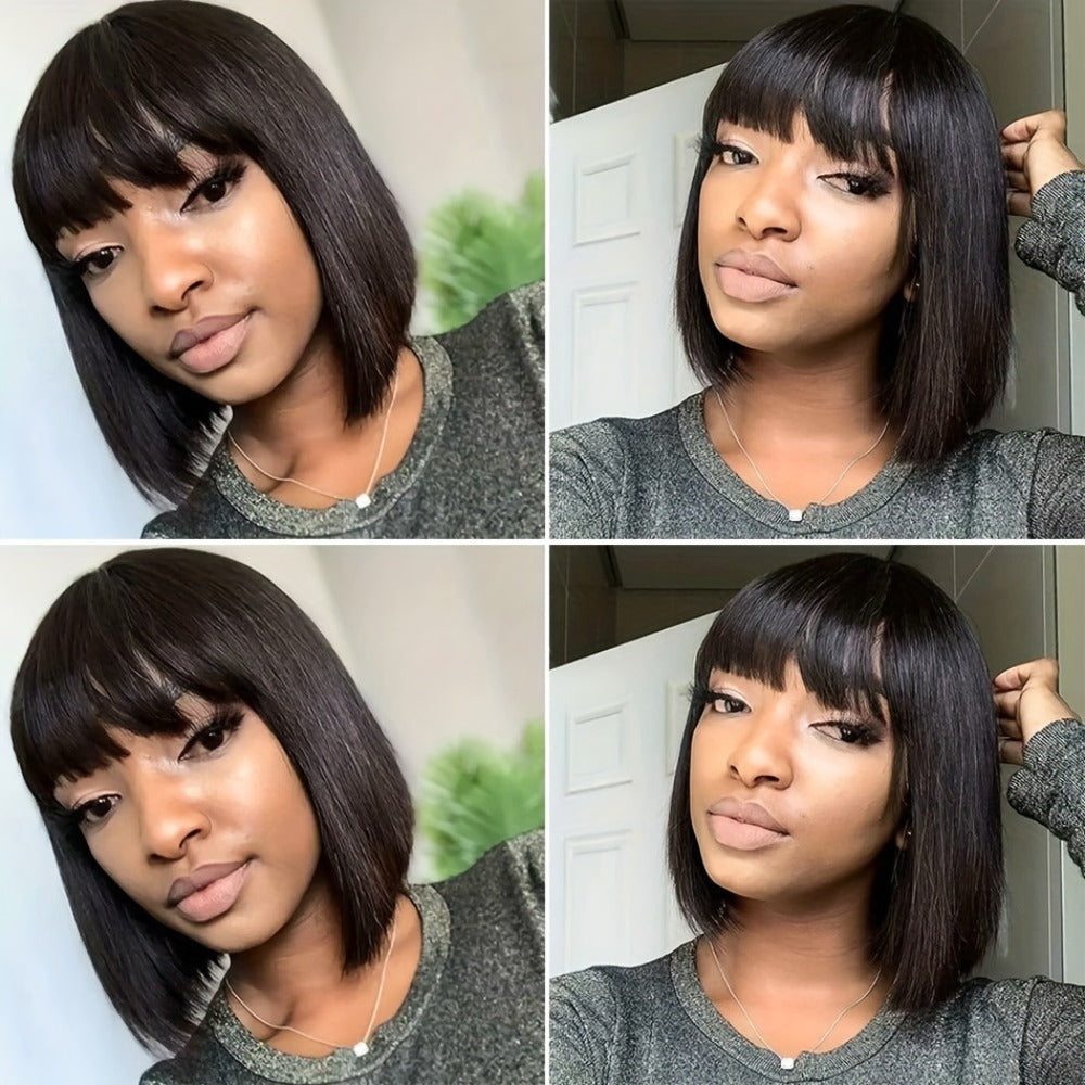 Brazilian Human Hair Bob Wig No Glue 200% Density Full Machine Made Straight with Bangs for Women | Natural Black 8 10 12 16 Inch | Glueless Beginner Friendly - product image 7