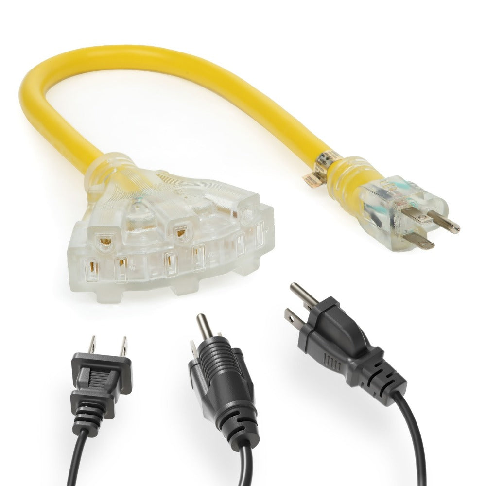 Heavy Duty Extension Cord Splitter Tri-Tap 2-Pack – 15A SJTW Contractor Grade, LED Lighted Plug, 2ft Yellow Jacket for Outdoor & Job Site Use - product image 7
