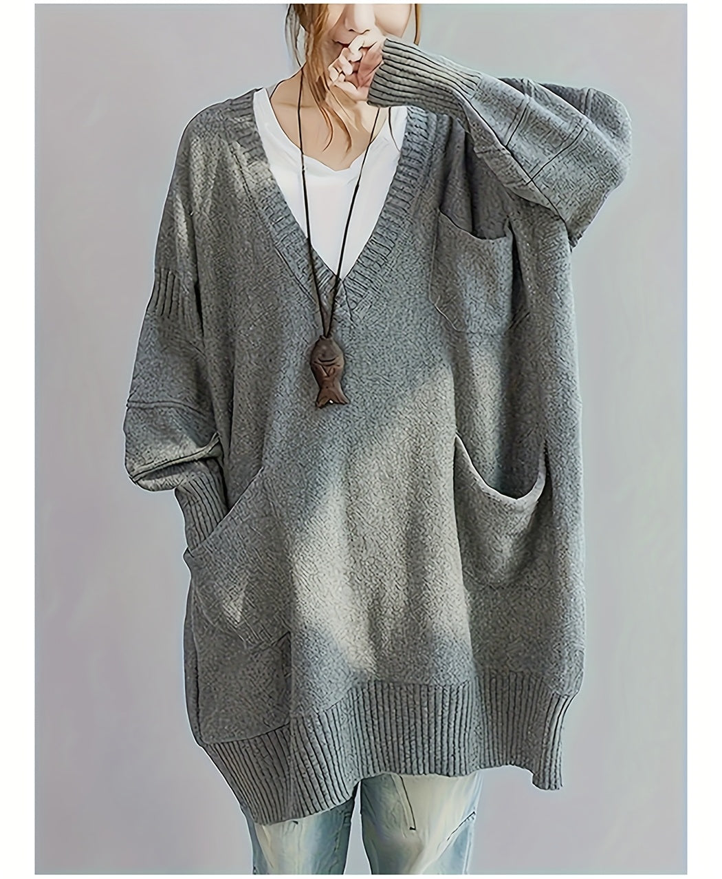 Plus Size, Women's Plus Size Oversized V-Neck Longline Sweater - Soft Machine-Washable Black Pullover for Fall Winter, Elegant Loose Fit Casual Chic Wardrobe - product image 27